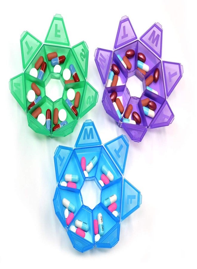 pill thing Pillthing Weekly 7 Sided Pill Organzier 3 pack 1 each of Blue Green Purple. Small Pill Box for Travel with Medical Alert Card - Image 5